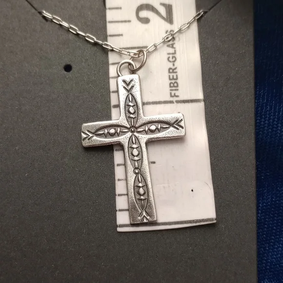 Sterling Silver Stamped Cross Pendant Necklace Signed - Picture 5 of 10